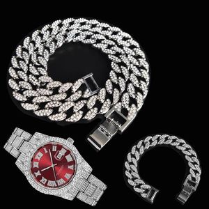 Chains 3pcs Kit 15MM Hip Hop Iced Out Paved Rhinestones Miami Cuban CZ Necklace Watch Bracelet Rapper Necklaces For Man Charm Jewe2581