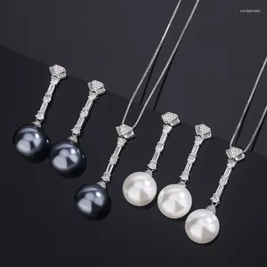 Necklace Earrings Set Daily Wear 14mm White Gray Shell Pearl Zircon Pendant Dangle Women Jewelry