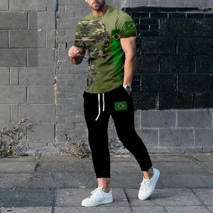 Men's Tracksuits Brazil Flag Short-sleeve T Shirts Trousers 2 Piece Sets Camouflage Skull Printed Streetwear Casual Men Clothes Outfit