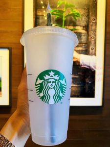 Meerjungfrau-Göttin Starbucks 24oz/710ml Plastikbecher Becher wiederverwendbarer, klarer Trinkbecher mit flachem Boden, säulenförmiger Deckel, Strohbecher