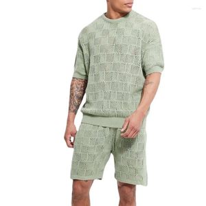 Mäns spårningsdräkter Men outfit set Summer Leisure Knit Clothing Solid Hollow Out Casu