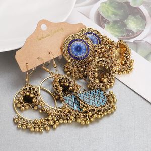 Stud Earrings Ethnic Big Round Gold Color Sets Women's Vintage Blue Flower Beads Tassel Long Pendientes Earring Jewelry