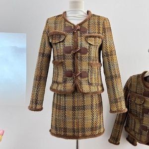 Abito a due pezzi Moda Donna Abito da ufficio Piccolo profumo Vintage Lady Check Cappotto corto trapuntato Giacca a vita alta Minigonna 2 set