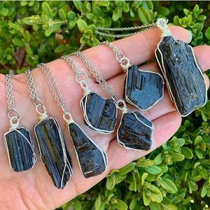 Natural Black Tourmaline Necklaces Wire Wrapped Rock Mineral Nuggets Reiki Healing Black Quartz Pendant Necklaces Femme Collier347N