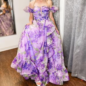 Floral Printed Organza Prom Dress 2k24 Detachable Pouf Sleeves Long Ruffle Junior Senior Pageant Formal Evening Hoco Gala Cocktail Party Red Carpet Gown Photoshoot