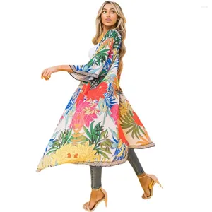 Women's Swimwear Chiffon Printed Cardigan Kimono Holiday Sunscreen Shirt Bikini Coat Woman Oversized Beach Cover Up 2024