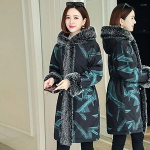 Women's Fur Patchwork Parkas Women Cotton Padded Zipper Coat Mid-Length 2024 Winter Warm Thicken Hooded Printed Jackets Oversized 4XL