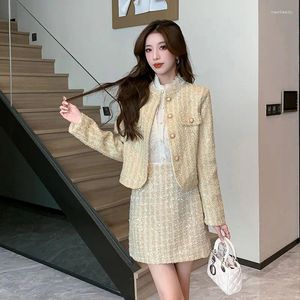 Zweiteiliges Kleid UNXX Elegante Tweed-Jacke und Rock-Set Frauen 2024 Herbst hohe Taille A-Linie Anzug weibliches Mädchen Büro Dame Top