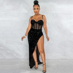 Casual klänningar transparenta kvinnor mesh camisole hög delad paljett maxi lång klänning sexig atletisk spaghetti rem bodycon bustier vestidos