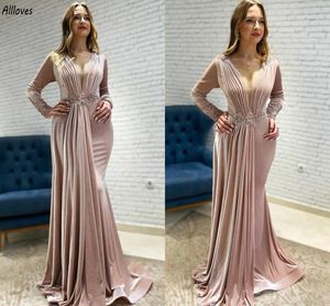 Anmutige Dubai-arabische Kaftan-Abaya-Abendkleider, sexy V-Ausschnitt, Falten, Kristalle, Perlen, besondere Anlässe, Abschlussballkleider, Sweep-Zug, Meerjungfrau, formelles Damen-Partykleid CL3132