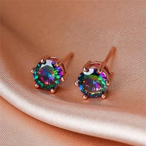 6mm Round Small Stone Rainbow Zircon Stud örhängen för kvinnor Vintage Fashion Crystal Rose Gold Black Gold Silver Color Earrings3315