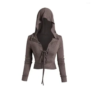Women's T Shirts Casual Lace Up Hooded Crop Top Fashion Women V Neck Crossover Tie Knot Long Sleeve Heathered Corp Coat