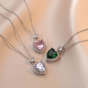 Colares pingentes bonito rosa verde pedra amor coração clavícula para mulheres prata ouro cor cadeias colar branco zircon jóias cz