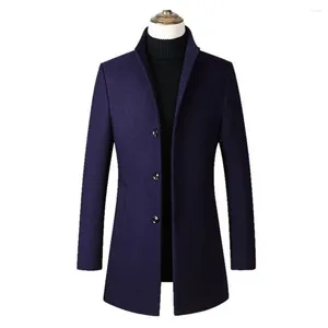 Men's Trench Coats Men Coat Retro Cotton Padded Stand Collar Woolen Long Sleeve Winter Windbreaker Jacket Large Pockets Mid-length