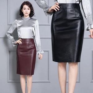 Skirts Women Genuine Leather Pencil Slim Bodycon High Waist Office Ladies Work Formal Real Sheepskin Midi Skirt Female Plus Size