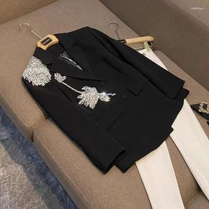 Kadınlar Suits Kadınlar Blazer 2024 Bahar Sonbahar Günlük Uzun Kollu Takım Ceket Kore Moda Boncuklu Çiçek Dikiş İş Zarif Tops