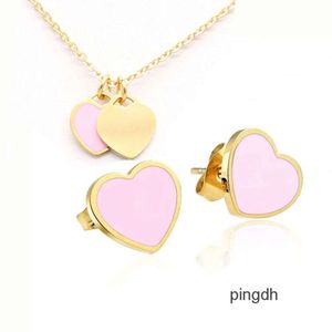 Designer Earrings Vintage enamel PINK Green Double Heart Charms Necklace and Earring Jewelry set Pendant Women Men chain Stainless Jewellry sets