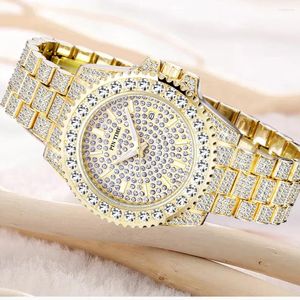 Wristwatches PINTIME Iced Out Watch For Men Luxury Gold Full Diamond Mens Watches Hip Hop Waterproof Day Date Clock Selling Product 2024