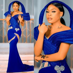 Royal Blue African Aso Ebi Prom Dresses Illusion Mermaid Organza 공식적인 우아한 이브닝 가운 흑인 여성 Promdress 생일 파티 가운 약혼 가운 AM310