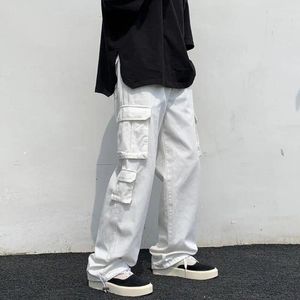 Erkekler Pantolon Erkekler Kargo Hip Hop Sokak Giyim Multi Cepleri ile Orta için Geniş Bacak Tarzı Düz ​​Renk