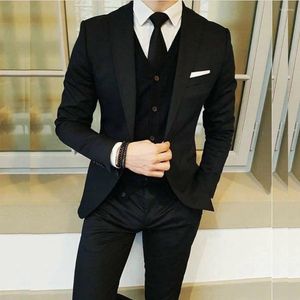 Men's Suits Formal Elegant Black Full Set Peaked Lapel Single Breasted Flat Luxury Business 3 Piece Jacket Pants Vest Slim Fit