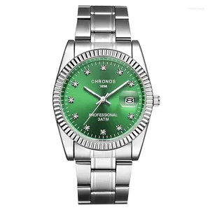 Wristwatches CHRONOS Man Waterproof Quart Watch With Date Analog Business Male Stainless Steel Rhinestone Green Blue Dial