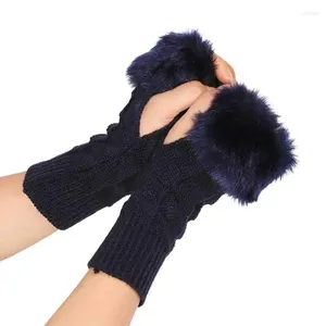 Cycling Gloves Warm Fingerless Thumb Hole Knitted Lightweight Elastic Knit Mittens With Faux Fur
