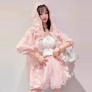 Women's Tracksuits Summer Women Lace Sunscreen Sets Short Sleeve Hooded Jacket High Waist Shorts Pink Yellow White Casual Two-piece