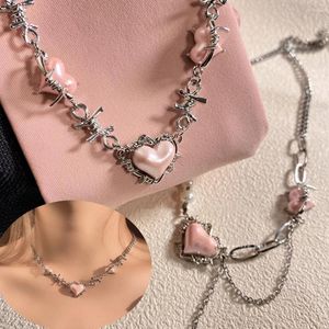 Collares colgantes Y2K Pink Love Heart Collar Pearl Thorn Water Drop Collar Cadena Personalidad Punk Diseño Pulsera para mujeres Joyería