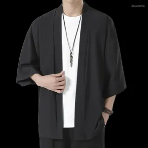 Men's Casual Shirts 2024 Chinoiserie Summer Oversized Loose 3/4 Sleeve Ice Silk Cardigan Versatile Fashion Short Shirt Top