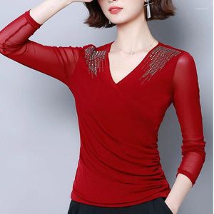 Women's T Shirts #9363 Black Blue Red Tight Mesh Shirt Women Sexy Short Wrap T-shirt Long Sleeve Diamonds Elegant Office Thin