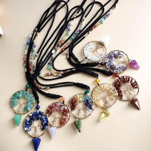 Anhänger-Halsketten, handgefertigt, 7 Chakra, natürlicher Kristallkies, Baum des Lebens, Halskette mit Bronzedraht für Unisex, Quarz, sechseckiger Kegel, zum Aufhängen