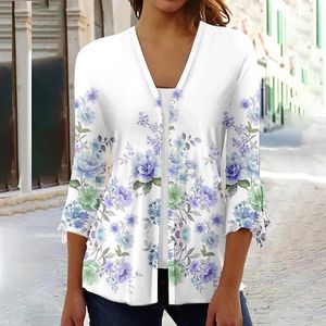 Women's Blouses V-Neck Elegant Office Lady Tops Blusas 2024 Casual Spring Autumn Print 3/4 Length Sleeve Buttons Women Shirts