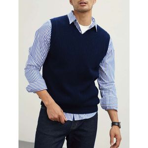 Men's V Neck Sweater Pullover Solid Color Sleeveless Sweaters Vest, Preppy Style