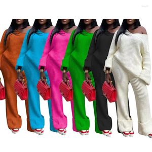 Casual Dresses Ladies Winter American Street Soft Waxy Pants Suit Knittad grop rand långärmad diagonal krage skjorta samma blossar