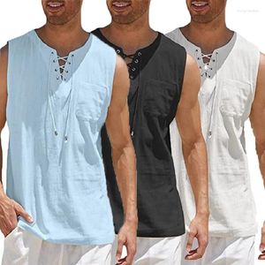 Erkekler Sıradan Gömlek Yaz Soygun Tank Top Erkekler V yaka Dantel Yukarı Gevşek Sokak Giyim Erkek Düz Renk Fitness Egzersiz Gömlek Yelek Bluz