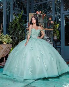 Quinceanera Dresses Light Green Party Prom Ball Ball Tulle Tulle Custul Plus Size Zipper Lace up up new beaded Vestido de for Sweet 15アップリケノースリーブオフショルダー