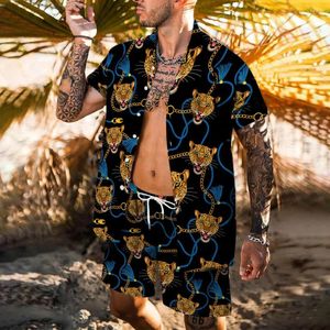 Fatos masculinos luxo leopardo impressão conjunto 2 pçs camisa shorts 3d solto lazer manga curta praia férias moda duas peças