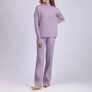 Kvinnors sömnkläder Autumn Winter Solid Color långärmad Turtleneck Knit Tröja Wide Leg Womens Plaid Pyjamas Robe Set For Women