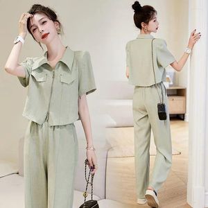 Women's Two Piece Pants 2024 Casual Suit Small Fragrant Wind Outfits For Women Summer Monochromatic Temperament Top Wide Leg 2 Set