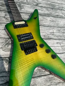 Irregular electric guitar, black double shake, imported wood and paint, green tiger pattern, bright light, in stock, fast shipping