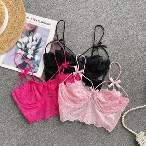 Kadın Tankları Fransızca Seksi Vintage Gül Pembe Süspeşli Sutu Yelek Desh Dantel Kısa Atmosfer Romantik Camis Sling Budier Tank Top