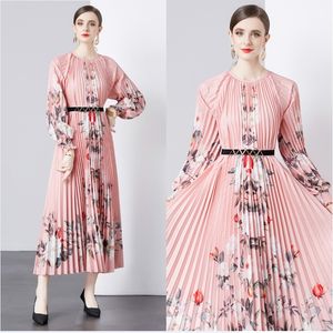 Casual Vacation Party Pink Dress Plus Size Woman Designer Long Sleeve O-Neck Slim Elegant Print Fit Casual Midi Pleated Dressess 2024 Spring Fall Chic Runway Ballgown