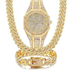 Wristwatches 3PCS Watches For Men Women Couple Calendar Luxury Wistwatch Necklace Bracelet Jewelry Set Bling Gold Silver Diamond Cuban Chain