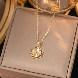 Charms Hollow Out Textured Lucky Clover Necklace For Women Stainless Steel Flower Pendant 18K Gold Color Necklaces Fashion Jewelry Gift