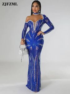 Muhteşem kadınlar Rhinestones Diamstones Diamond Long Party Pullu Elbiseler Lüks Bir Omuz Uzun Kollu Akşam Denizkızı Vestidos 231229