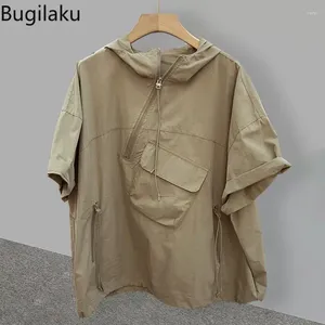 Erkek Tişörtleri Bugilaku Zip Kapşonlu Kısa Kollu T-Shirt Çift Yaz Kore Moda Çalışma Elbisesi Cep Tasarımı Duygu Yarım