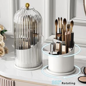 Förvaringslådor roterande makeup arrangör borste hållare lådan toalett läppstift rack dammsäker uppdelad kosmetik