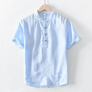 Männer T Shirts Hohe Qualität Leinen Stehen Neck Bandage Männlich Einfarbig Lange Ärmel Casual Baumwolle T-shirt Tops M-5XL