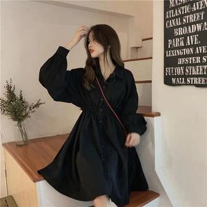 Abiti casual Abito camicia Donna Lanterna nera Manica lunga Vita elastica Una linea Mini Preppy Coreano Solido Abiti semplici